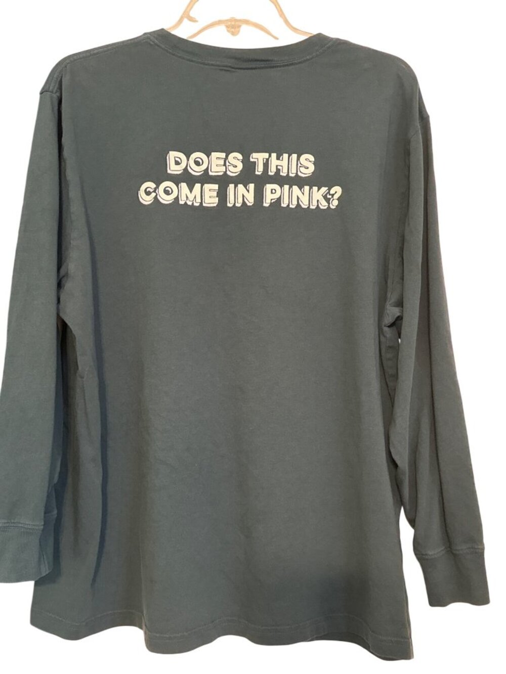 Victorias Secret Pink Graphic Long Sleeve Tee Green "Does This Come In Pink?" Te - Picture 4 of 7